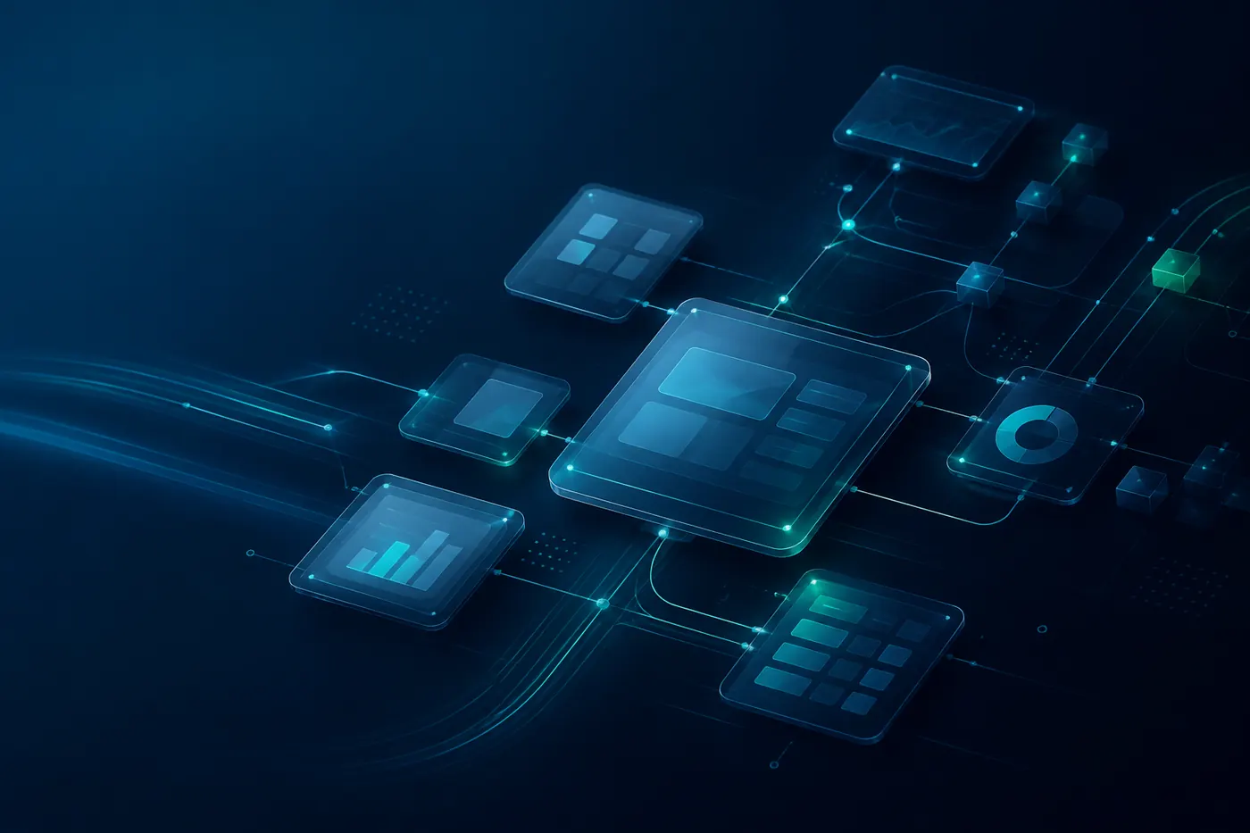 Ilustração de módulos conectados representando CRM, ERP, dashboards e APIs